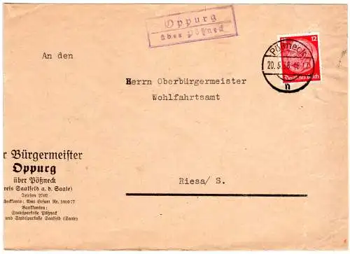 DR 1938, Landpost Stpl. OPPURG über Pößneck auf Bürgermeister Brief m. 12 Pf. 