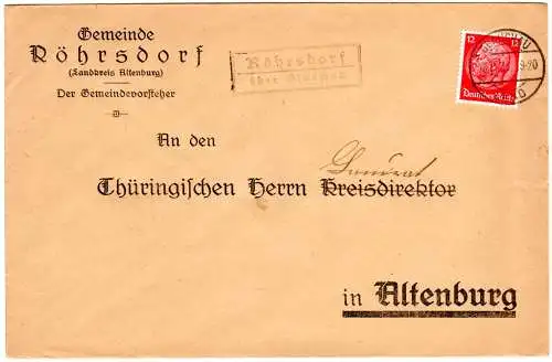 DR 1933, Landpost Stpl. RÖHRSDORF über Glauchau auf Gemeinde Brief m. 12 Pf. 