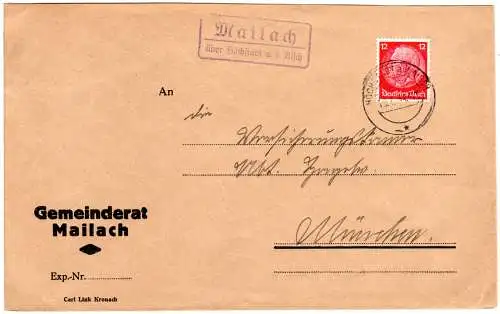 DR 1934, Landpost Stpl. MAILACH über Höchstadt a.d. Aisch auf Brief m. 12 Pf. 