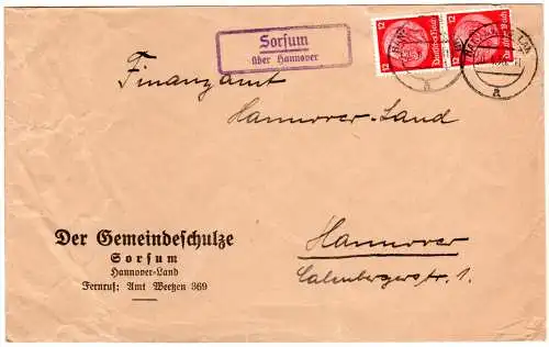 DR 1936, Landpost Stpl. SORSUM über Hannover auf Gemeinde Brief m. 2x12 Pf. 