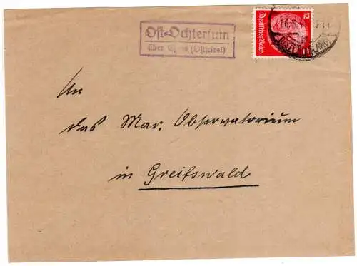 DR 1941, Landpost Stpl. OST-OCHTERSUM über Esens auf Briefteil m. 12 Pf. 