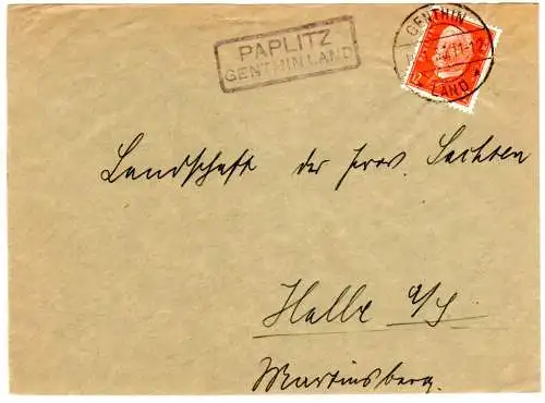 DR 1933, Landpost Stpl. PAPLITZ GENTHIN LAND auf Briefteil m. 12 Pf. 