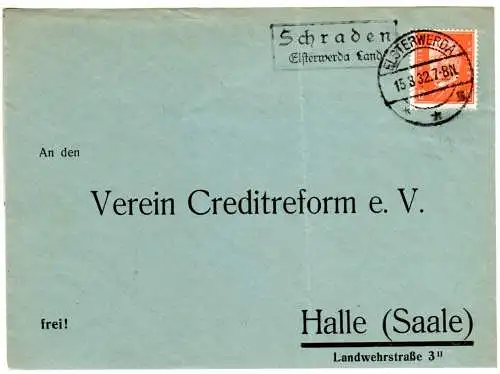 DR 1932, Landpost Stpl. SCHRADEN ELSTERWERDA LAND auf Briefteil m. 12 Pf. 