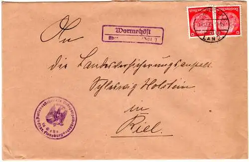 DR 1935, Landpost Stpl. WORMSHÖFT über Kappeln auf Amts-Brief m. 2x12 Pf. 