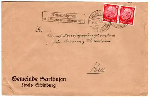 DR 1935, Landpost Stpl. WILLENSCHAREN über Kellinghusen auf Brief m. 2x12 Pf. 