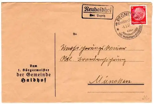 DR 1937, Landpost Stpl. NEUHAIDHOF über Pegnitz auf Bürgermeister Brief m. 12 Pf