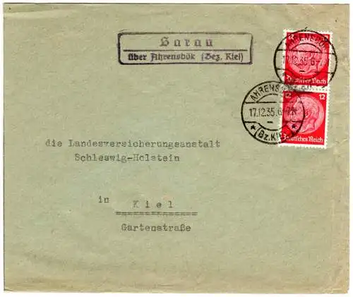 DR 1935, Landpost Stpl. SARAU über Ahrensbök (Bz. Kiel) auf Brief m. 2x12 Pf. 