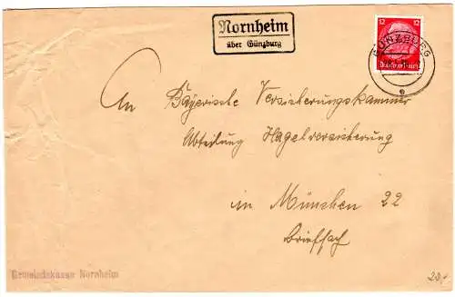 DR 1938, Landpost Stpl. NORNHEIM über Günzburg auf Brief m.12 Pf. 