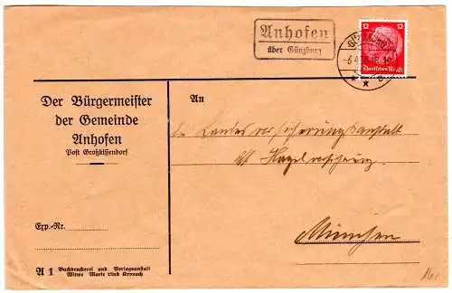 DR 1936, Landpost Stpl. ANHOFEN über Günzburg auf Bürgermeister Brief m.12 Pf. 