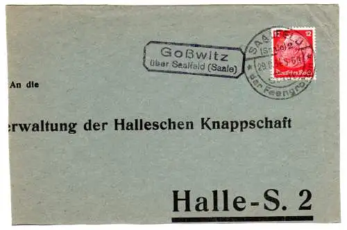 DR 1934, Landpost Stpl. GOSSWITZ über Saalfeld (Saale) auf Briefteil m. 12 Pf. 