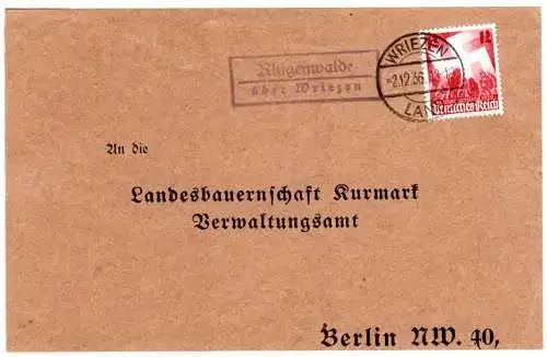 DR 1936, Landpost Stpl. RINGENWALDE über Wriezen auf Briefteil m. 12 Pf. 