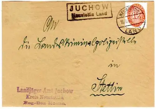 DR 1932, Landpost Stpl. JUCHOW Neustettin Land auf Briefteil m. 12 Pf. Dienst