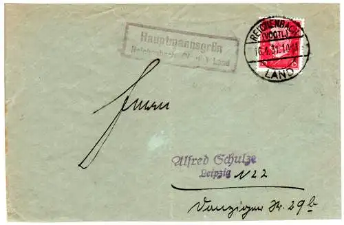 DR 1931, Landpost Stpl. HAUPTMANNSGRÜN Reichenbach Land auf Briefteil m. 12 Pf.