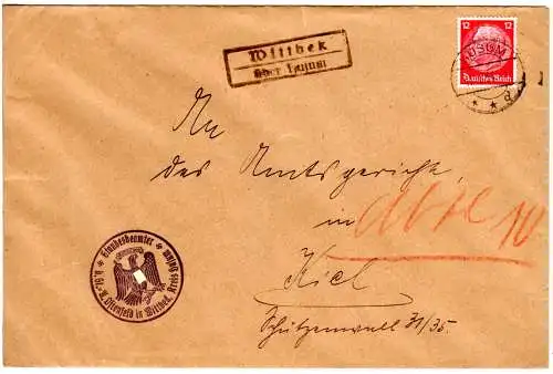 DR 1934, Landpost Stpl. WITTBEK über Husum auf Brief m. 12 Pf. v. Ostenfeld