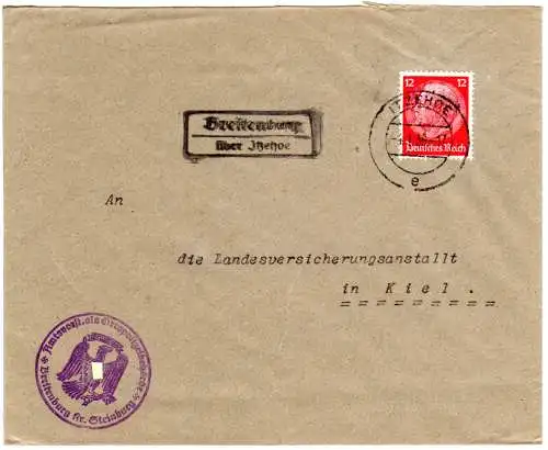 DR 1936, Landpost Stpl. BREITENBURG über Itzehoe auf Brief m. 12 Pf. 