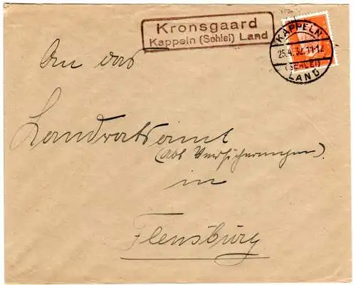 DR 1932, Landpost Stpl. KRONSGAARD Kappeln (Schlei) Land auf Brief m. 12 Pf. 