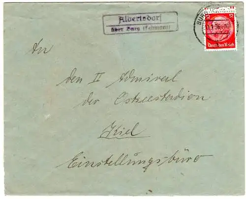 DR 1936, Landpost Stpl. ALBERTSDORF über Burg (Fehmarn) auf Brief m. 12 Pf. 