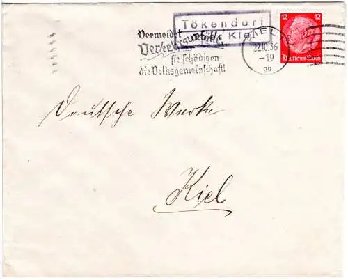 DR 1936, Landpost Stpl. TÖKENDORF über Kiel auf Brief m. 12 Pf.