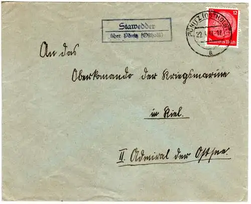 DR 1937, Landpost Stpl. STAWEDDER über Pönitz (Ostholst.) auf Brief m. 12 Pf.