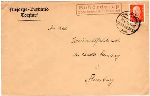 DR 1932, Landpost Stpl. SCHÖRDERUP Süderbarup Land auf Brief v. Toestorf