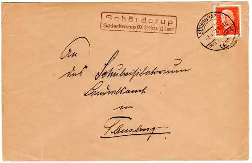 DR 1932, Landpost Stpl. SCHÖRDERUP Süderbarup Land auf Brief m. 12 Pf.