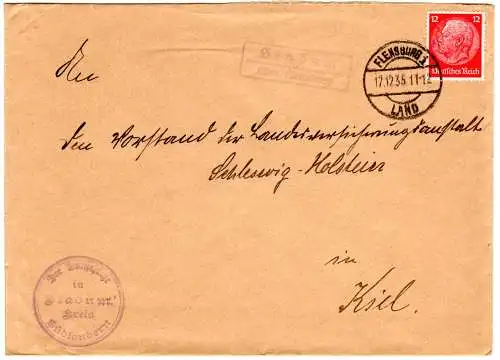 DR 1935, Landpost Stpl. STADUM über Flensburg auf Dorfschulze Brief m. 12 Pf.