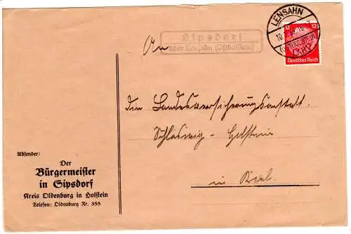 DR 1936, Landpost Stpl. SIPSDORF über Lehnsahn auf Bürgermeister Brief m. 12 Pf.