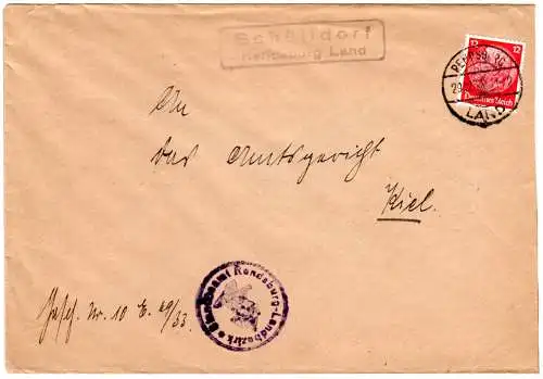 DR 1933, Landpost Stpl. SCHÜLLDORF Rendsburg Land auf Standesamt Brief m. 12 Pf.