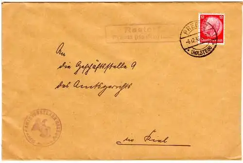 DR 1933, Landpost Stpl. RASTORF Preetz (Holstein) Land auf Amts-Brief m. 12 Pf.