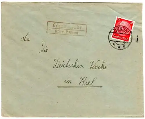 DR 1936, Landpost Stpl. LÖWENSTEDT über Husum auf Brief v. Ostenau m. 12 Pf. 