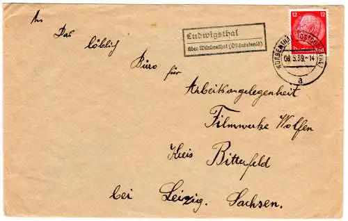 DR 1939, Landpost Stpl. LUDWIGSTHAL über Würbenthal auf Brief m. 12 Pf. 