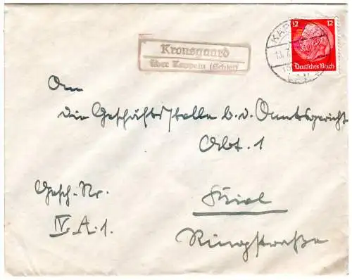 DR 1936, Landpost Stpl. KRONSGAARD über Kappeln (Schlei) auf Brief m. 12 Pf.