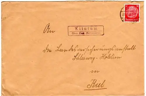 DR 1935, Landpost Stpl. KLINTUM über Leck (Schleswig) auf Brief m. 12 Pf.