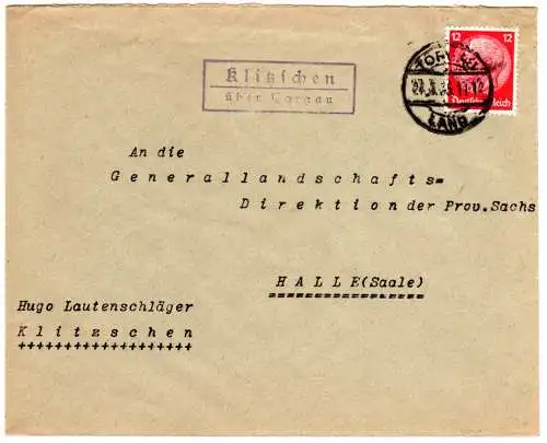 DR 1935, Landpost Stpl. KLITZSCHEN über Torgau auf Brief m. 12 Pf.