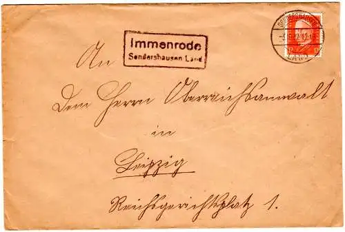 DR 1932, Landpost Stpl. IMMENRODE Sondershausen Land auf Brief m. 12 Pf.