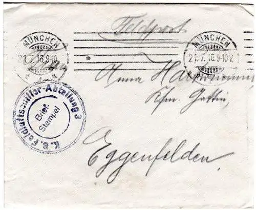 Bayern 1916, FP-Brief v München m. Briefstpl. K.B. Feldluftschiffer-Abteilung 3 