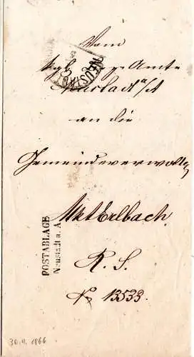 Bayern 1866, Postablage u. HKS Neustadt a.A. auf Brief n. Markt Erlbach