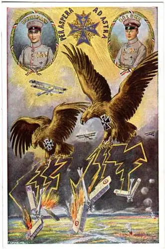 WW I Luftwaffe Propaganda m. Fliegern Immelmann u. Bölcke, ungebr. Farb-AK