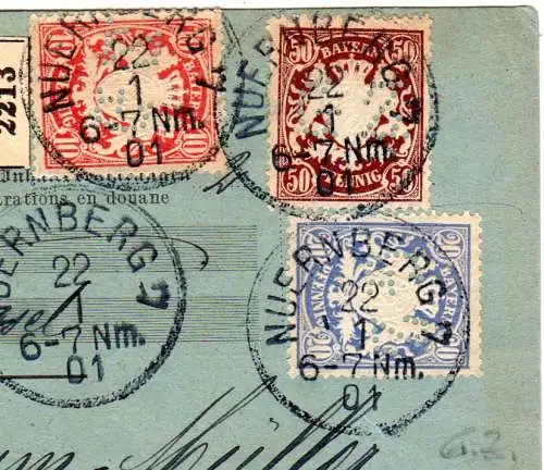 Bayern 1901, 10+20+50 Pf. m. perfin auf Paketkarte v. Nürnberg