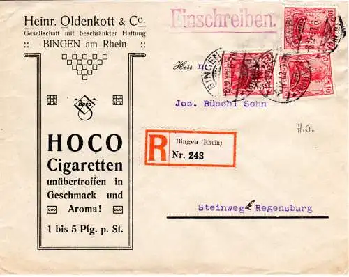 DR 1913, 3x10 Pf. Germania m. perfin auf Firmen Einschreiben Brief v. Bingen