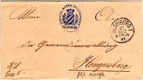 Bayern 1891, K1 u. blauer Siegelstpl. v. Vilsbiburg auf Brief n. Hengersberg.