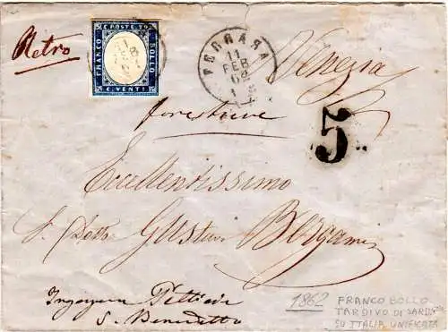 Italien 1862, spätverw. 20 C. Sardinien auf Brief v. Ferrara m. Portostpl. "5"