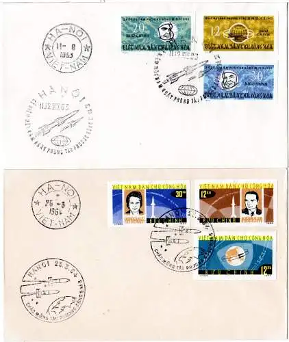 Vietnam Nord 1963/64, 2 Weltraum FDC Briefe m. 2 kpl. ungez. Ausgaben Wostok