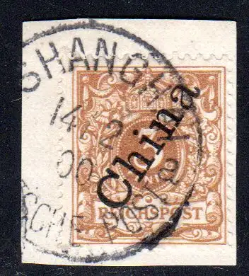 DP China 1 IIc, 3 Pf. lebhaftbraunocker auf Briefstück m. Stempel Shanghai