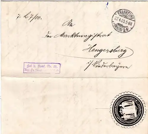 DR 1900, Frei lt. Ablösung No.21 auf Brief v. Verschluss Siegel v. Frankfurt