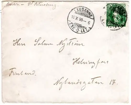 Schweiz 1898, 25 C. auf Brief v. Lausanne n. Finnland via Berlin-St. Petersburg