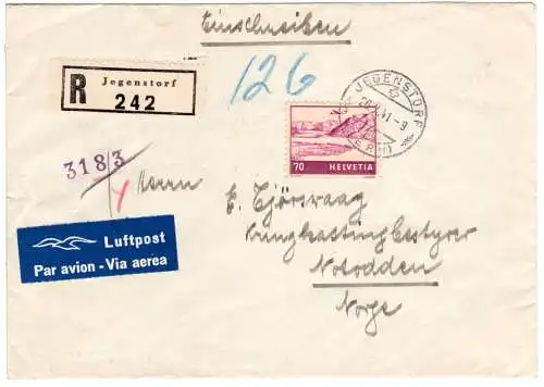 Schweiz 1941, 70 C. auf Reko Luftpost Zensur Brief v. Jegenstorf n. Norwegen 