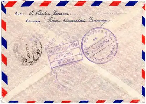 Norwegen 1953, 55+2x20 öre auf Luftpost Brief v. Arendal n. Port Said Egypt