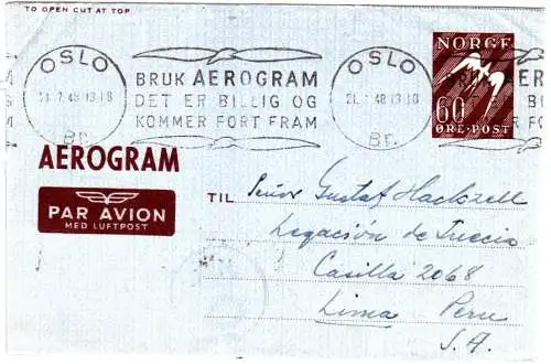 Norwegen 1948, sauber gebr. 60 öre Aerogram (1 I) v. Oslo n. Lima Peru.