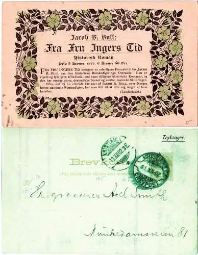 Norwegen 1902, gebr. 3 öre Ganzsache m. rücks. Literatur-Reklame f. J.B. Bull